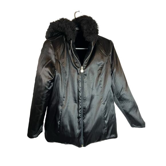 Susan Graver Black Reversible Coat Jacket Faux Fur Satin Hood S Small - Picture 3 of 13